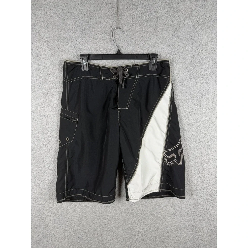 Vintage Y2K Fox Racing Men's Board Shorts Size 32 Black White Surf Swim Trunks